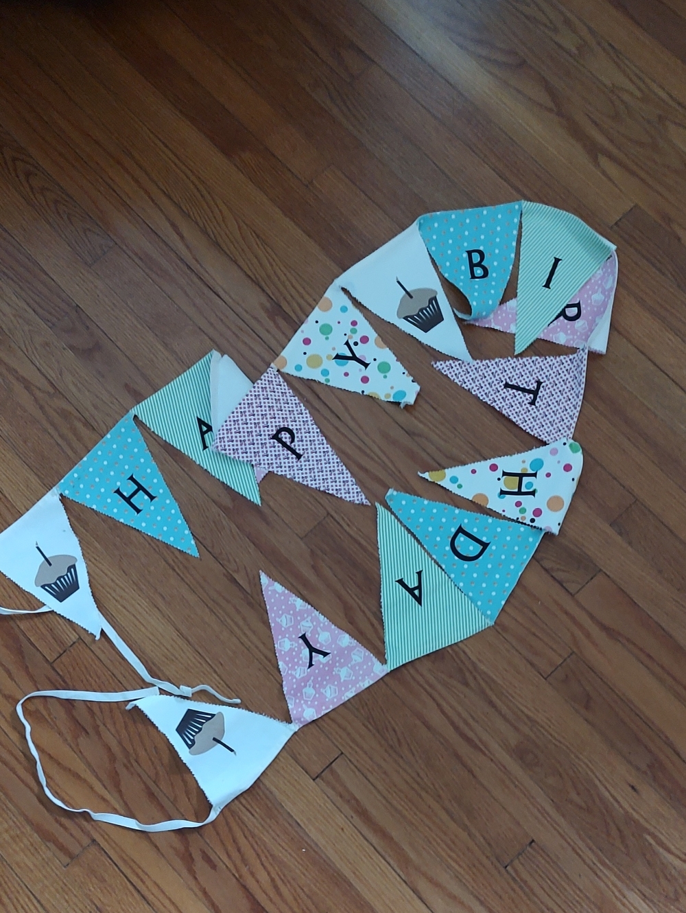 Happy Birthday Fabric Pennant Banner in Aqua, Teal, Pink & White